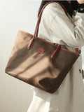 Women's Nylon And Leather Tote Bag With zipper khaki Lightweight Leather Tote Bag 