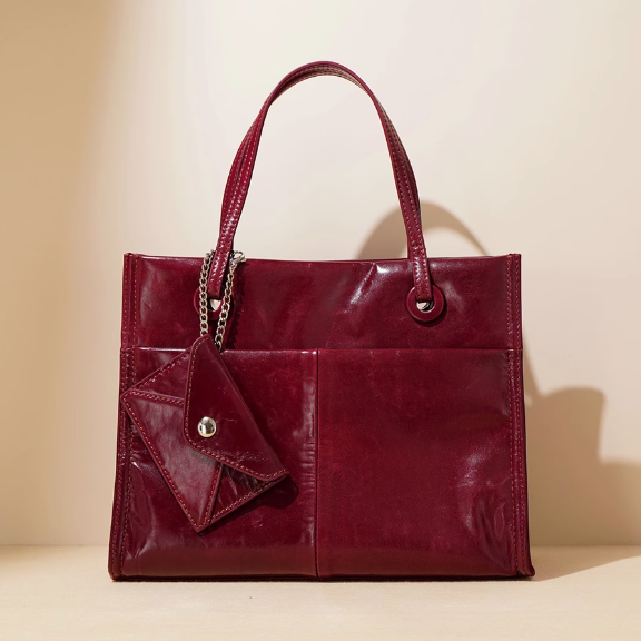 Top Grain Leather Glossy Small Tote Bag Red