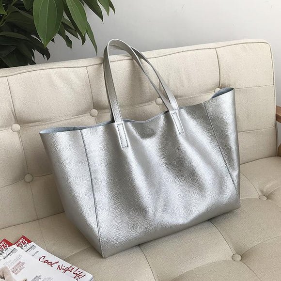 Silver Leather Tote Bag Cowhide Tote Leather The Tote Bag Womens Large Leather Tote 