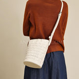 white Woven Leather Shoulder Bag Woven Leather Bucket Bag Shoulder Bag Womens 