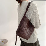 Woven Leather Bucket Bag Leather Bucket Shoulder Bag Womens 