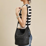 Black Woven Leather Bag Woven Leather Bucket Bag Leather Bucket Shoulder Bag Womens