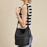 Black Woven Leather Bag Woven Leather Bucket Bag Leather Bucket Shoulder Bag Womens