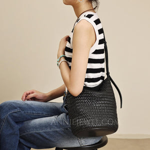 Black Woven Leather Bag Woven Leather Bucket Bag Leather Bucket Shoulder Bag Womens