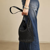 Black Woven Leather Bag Woven Leather Bucket Bag Leather Bucket Shoulder Bag Womens
