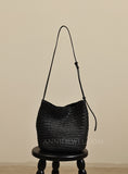 Black Woven Leather Bag Woven Leather Bucket Bag Leather Bucket Shoulder Bag Womens