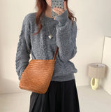 Woven Leather Bucket Bag Leather Bucket Shoulder Bag Womens 