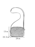 A black and white line drawing of a woven crossbody bag with dimension 