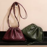Women's Small Bucket Bag Crossbody Woven Small Leather Drawstring Bucket Bag 