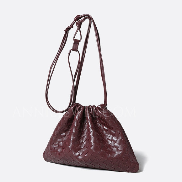 Women's Drawstring Leather Bucket Bag Woven Burgundy Small Leather Bucket Bag Drawstring 