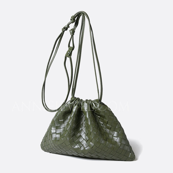 Women's Small Bucket Bag Crossbody Woven Small Leather Drawstring Bucket Bag 