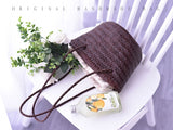 Small Genuine Leather Bucket Tot Bag Cem Leather Brown Woven Purse