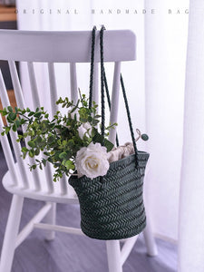 Small green Leather Bucket Tote Bag Woven Tote Bag Leather Womens