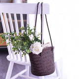 Small brown Leather Bucket Tote Bag Woven Tote Bag Leather Womens