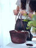 Small Genuine Leather Bucket Tot Bag Cem Leather Brown Woven Purse