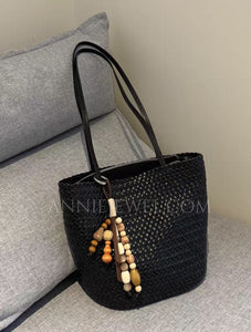 Small Black Leather Woven Tote Bag Woven Leather Tote Bags Womens