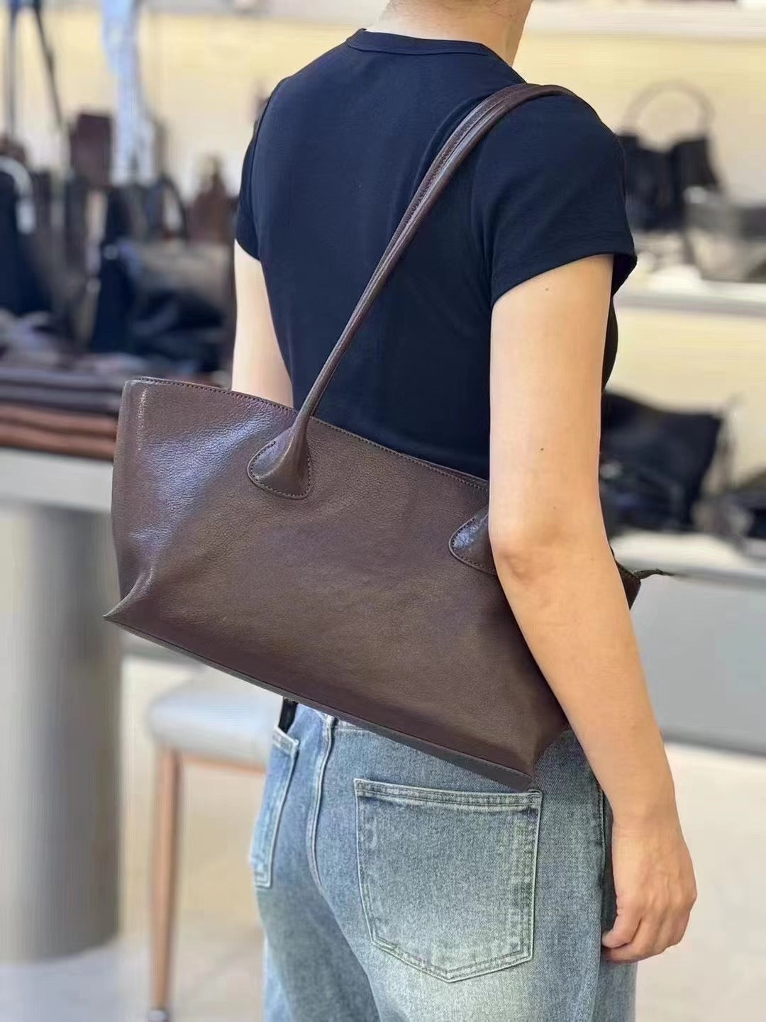 Niche Design Real Leather Tote Bag Medium Zip Top Leather Tote Bag