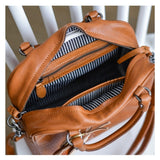 close-up of genuine leather satchel bag
