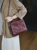 burgundy Genuine leather doctor style handbag women leather satchel purse with handle