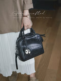 black Genuine leather doctor style handbag women leather satchel purse with long strap