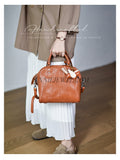 brown Genuine leather doctor style handbag women leather satchel purse with long strap