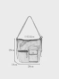 A black and white line drawing of a shoulder bag with dimension