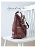 close-up of Genuine Leather Shoulder bucket Bag With Front Pocket 