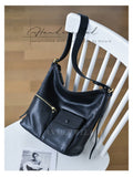 black Genuine Leather Shoulder Bag With Front Pocket leather slouchy crossbody purse Womens