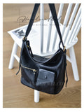 black Genuine Leather Shoulder Bag With Front Pocket leather slouchy crossbody purse Womens
