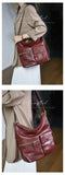 burgundy genuine leather shoulder bag with front pockets leather crossbody shoulder bag