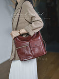 brown genuine leather shoulder bag with front pockets leather crossbody shoulder bag