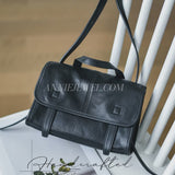 BLACK Genuine Leather Satchel Crossbody Bag Leather Flap Shoulder Bag Womens