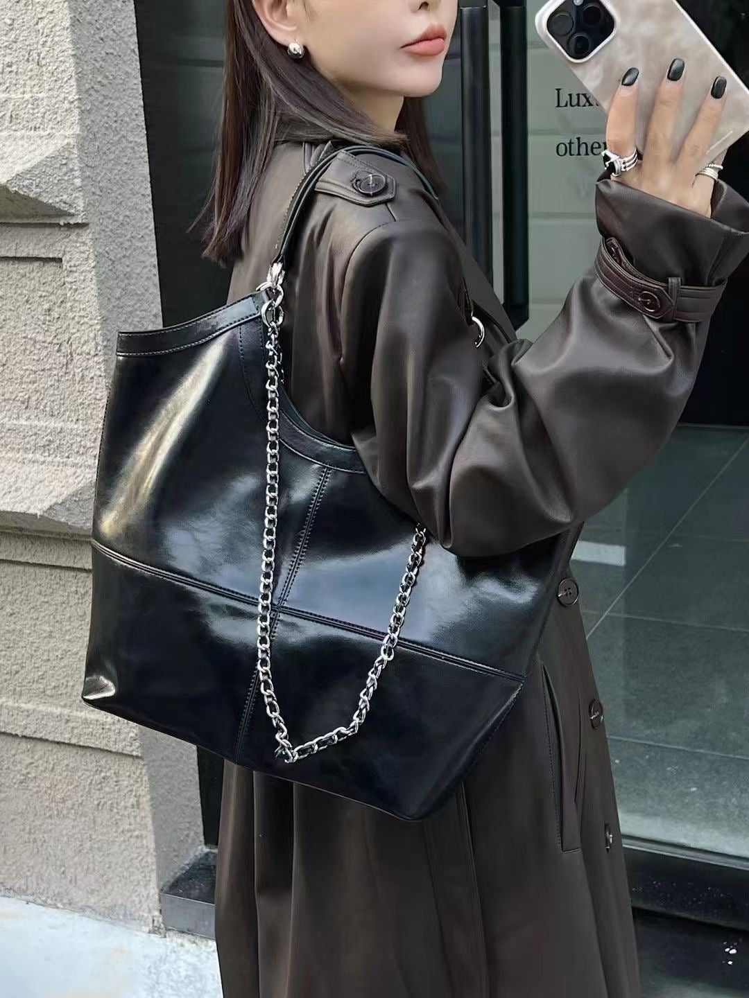 Womens Black Leather Tote Black Leather Purse With Chain Strap
