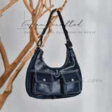 Navy Leather Underarm Bag With Front Pockets Women's Leather Hobo Bag Purse