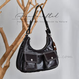 Black Leather Underarm Bag With Front Pockets Women's Leather Hobo Bag Purse