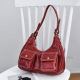 red Leather Underarm Bag With Front Pockets Women's Leather Hobo Bag Purse