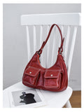 retro leather underarm bag white stitching leather hobo bag front pockets 
