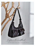 retro leather underarm bag white stitching leather hobo bag front pockets 