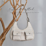 beige Leather Underarm Bag With Front Pockets Women's Leather Hobo Bag Purse