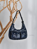 Leather Underarm Bag With Front Pockets genuine leather hobo shoulder bag