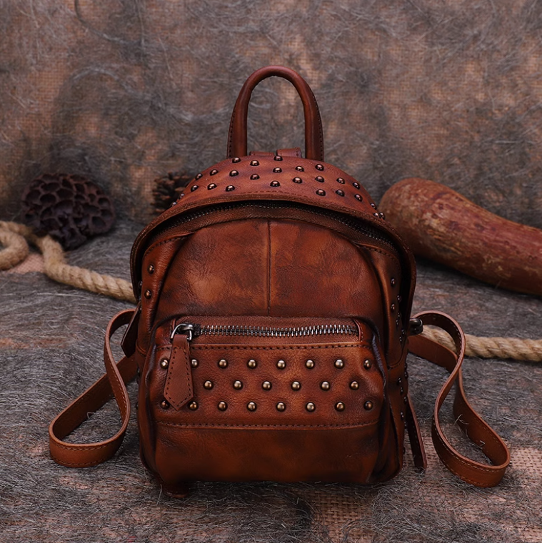 Small Retro Leather Backpack Bag Rivet Mini Leather Backpack