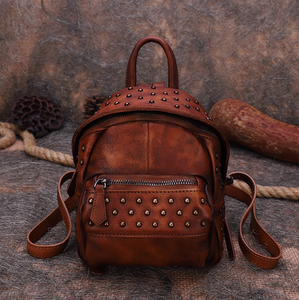 brown leather backpack purse cute yearsbag Small Retro Leather Backpack Bag Rivet Mini Leather Backpack