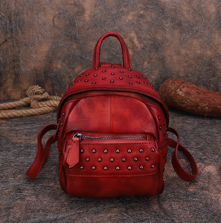 Small Retro Leather Backpack Bag Rivet Mini Leather Backpack | Annie Jewel