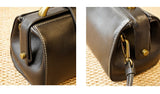 A close-up split view of a dark brown leather handbag showing two angles of the front flap, gold-tone hardware