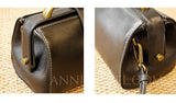 A dark brown leather handbag shown in two close-up views side by side, highlighting the front flap with brass-tone hardware and the side pocket 