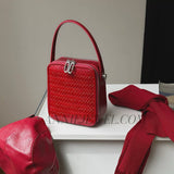 Woven Leather Zip Top Handbag red Leather Crossbody Box Bag Women