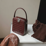 Woven Leather Zip Top Handbag Brown Leather Crossbody Box Bag Women