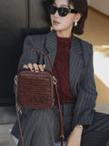 Woven Leather Zip Top Handbag Brown Leather Crossbody Box Bag Women