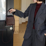 Woven Leather Zip Top Handbag Brown Leather Crossbody Box Bag Women