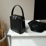 Woven Leather Zip Top Handbag black Leather Crossbody Box Bag Women